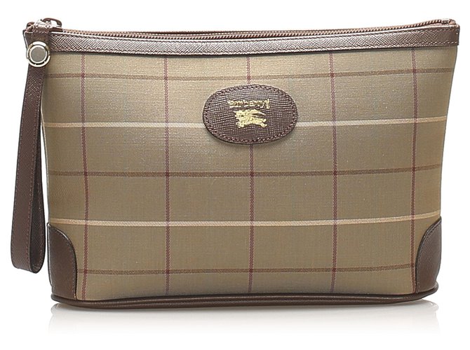 Burberry Brown Plaid Canvas Pouch Multiple colors Beige Leather Cloth Pony-style calfskin Cloth  ref.264312