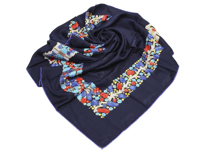 Bufanda de seda estampada azul Cartier Multicolor Azul marino Paño  ref.264368