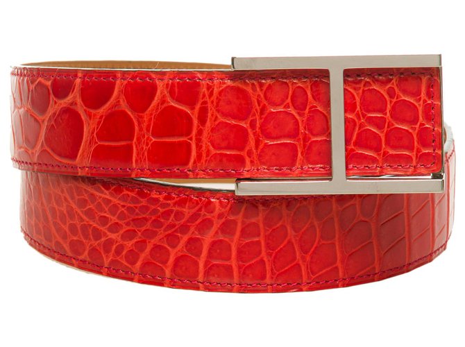 Splendid Hermès Quentin reversible belt in porosus geranium crocodile & gold box leather Orange Exotic leather  ref.264448