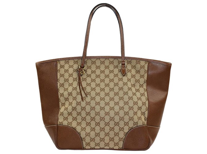 Gucci Brown GG Canvas Bree Tote Bag Beige Leather Cloth Pony-style