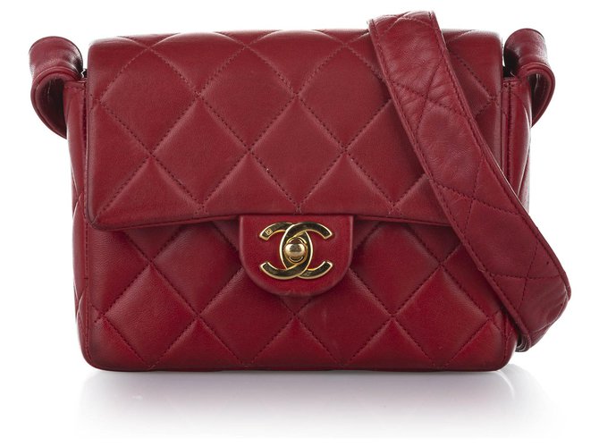 Bolsa Chanel Red Mini Classic Square Couro de Pele de Cordeiro Vermelho  ref.264633