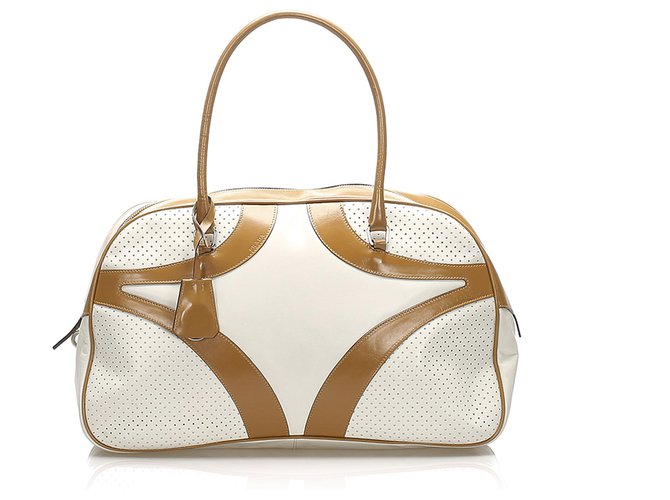 Bolsa de couro Prada Branco Vitello Drive Marrom Bezerro-como bezerro  ref.264896