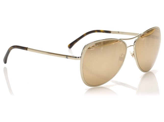 Chanel Gold Aviator Tinted Sunglasses Golden Metal Plastic ref