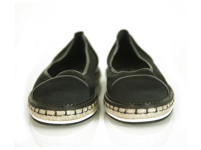 Chanel in tessuto nero e pelle cap toe flat espadrillas juta platform size 38