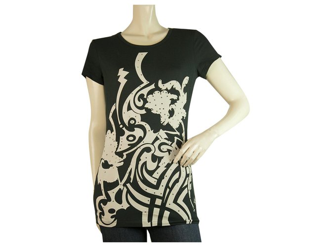 John Richmond Black White Abstract Print T-shirt Rhinestone top size 44 Cotton  ref.265215