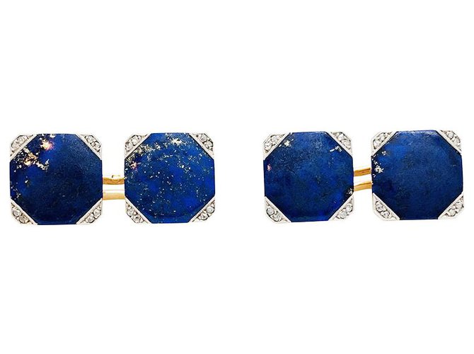 inconnue Pink gold Art Deco cufflinks, Platinum, diamonds and lapis lazuli.  ref.265016