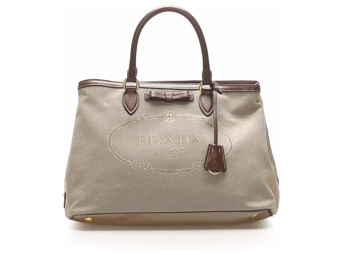 Bolso satchel de lona marrón con logo Canapa de Prada Castaño Marrón oscuro Cuero Lienzo Becerro Paño  ref.265551