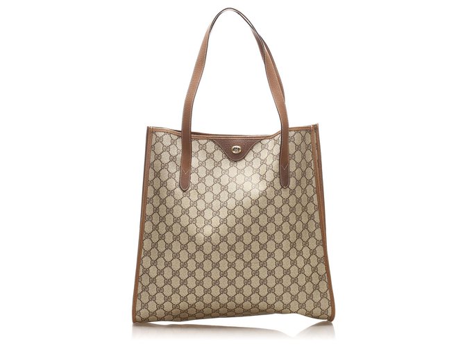 Gucci Brown GG Supreme Tote Bag Beige Leather Cloth Pony-style calfskin Cloth  ref.265553