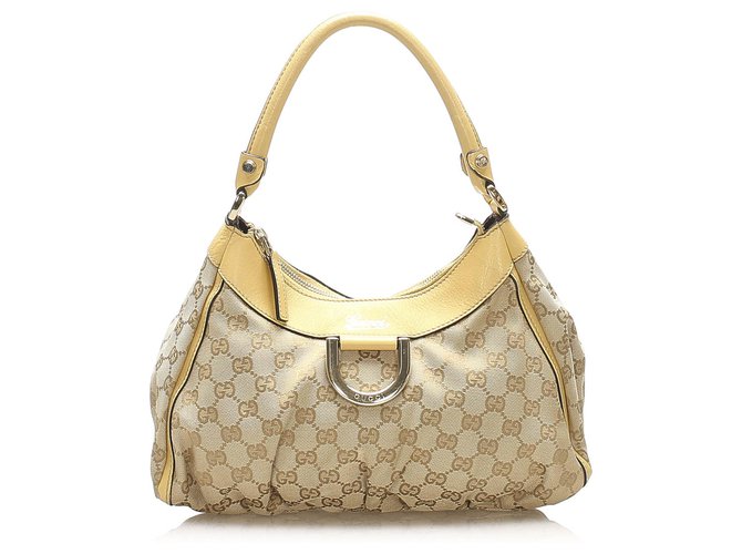 Gucci Brown GG Canvas Abbey D-Ring Shoulder Bag Beige Yellow Leather Cloth Pony-style calfskin Cloth  ref.265558
