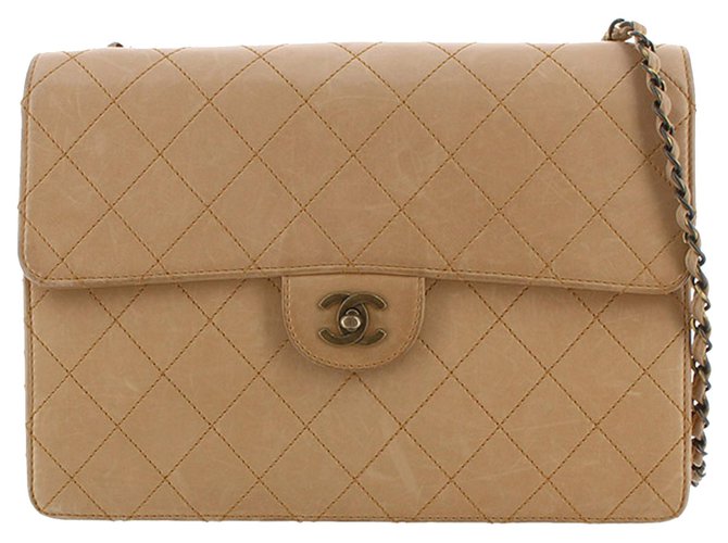 Chanel Brown CC Timeless Lambskin Leather Flap Bag Beige  ref.265565