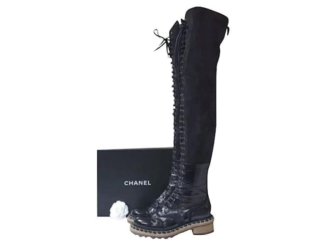 Chanel Paris Salzburg Schwarzes Leder Wildleder Overknee Stiefel Gr. 39 Schweden  ref.265655