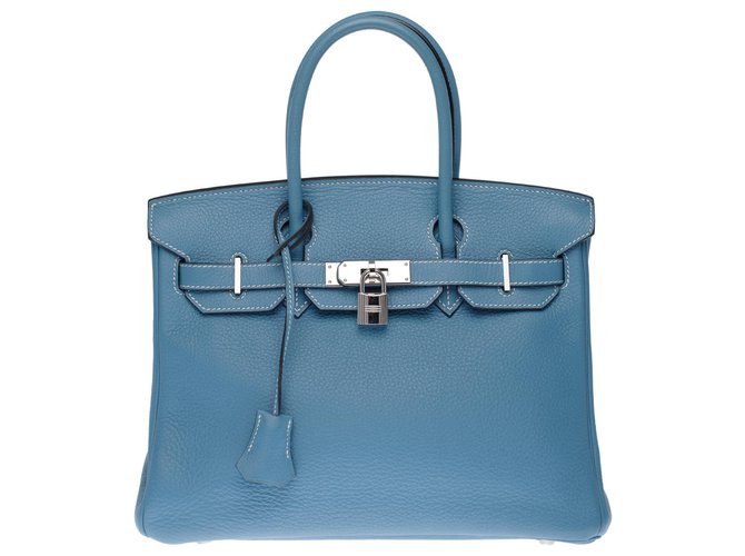 Splendide Hermès Birkin 30 en cuir Togo bleu jean, garniture en métal argent palladium  ref.265743