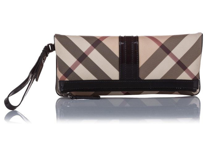 Burberry Brown Supernova Check Fold over Canvas Clutch Bag