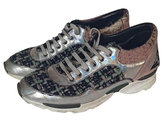 Sneakers Chanel Runway Tweed e Pelle Argento 38 Multicolore
