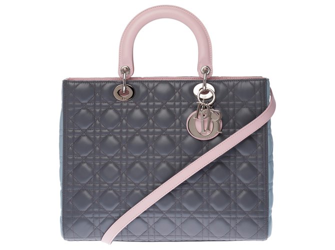 Christian Dior Limited series - Lady Dior large model (GM) in tricolor caning leather (tow gray, rose, turquoise), Garniture en métal argenté Pink Grey  ref.266320