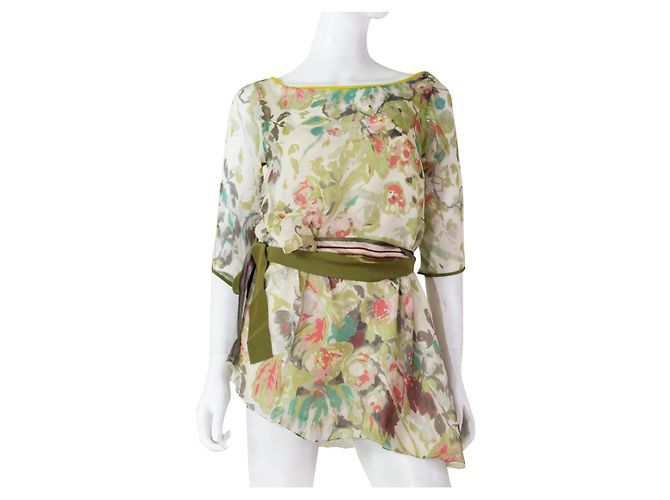 Kenzo asymmetrische Seidenbluse mit Blumenmuster Orange Olivgrün Aus weiß Hellblau Türkis