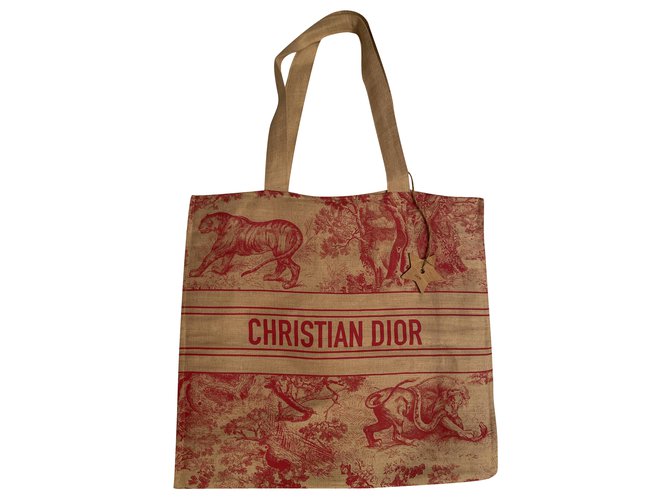 Christian Dior Korb Rot Beige Leinen  ref.266591