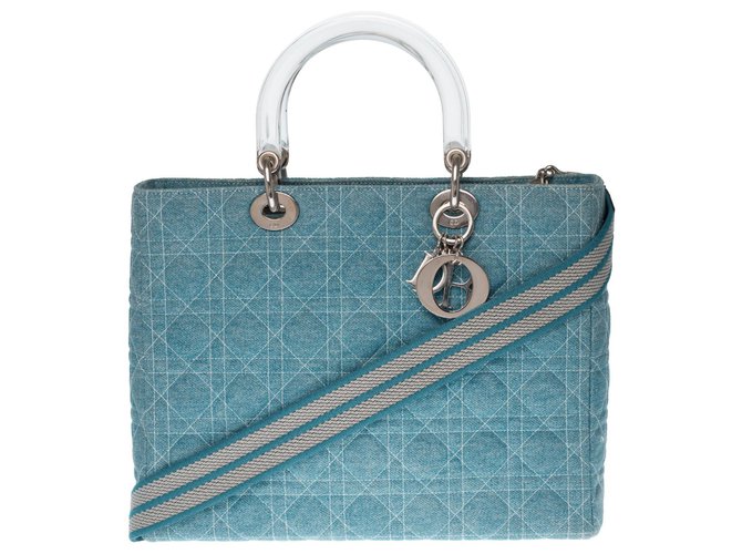 Christian Dior Lady Dior large model bag in blue denim cannage, Garniture en métal argenté  ref.266668