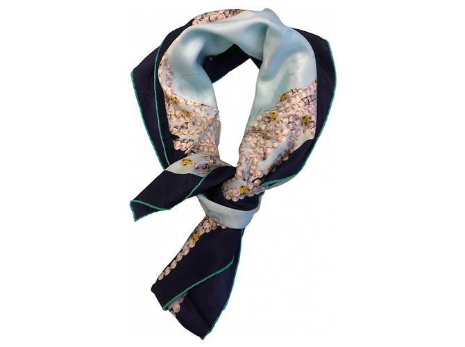 Sciarpa in seta Cartier Pantera e perle bianche azzurro chiaro Blu chiaro