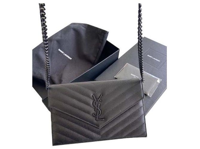 Shopping Monogramme Yves Saint Laurent sacchetto del portafoglio,  pelle nera grain de poudre, CATENA NERA,  logo YSL nero  ref.267034