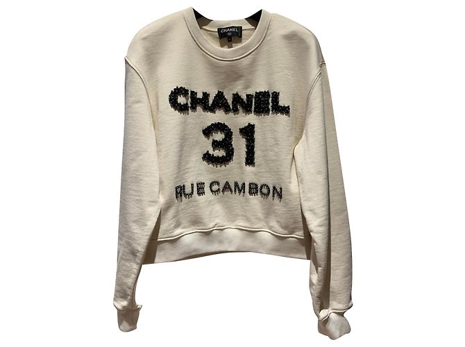 Chanel Cambon Sweatshirt de algodão com camélias bordadas Eggshell Fora de branco