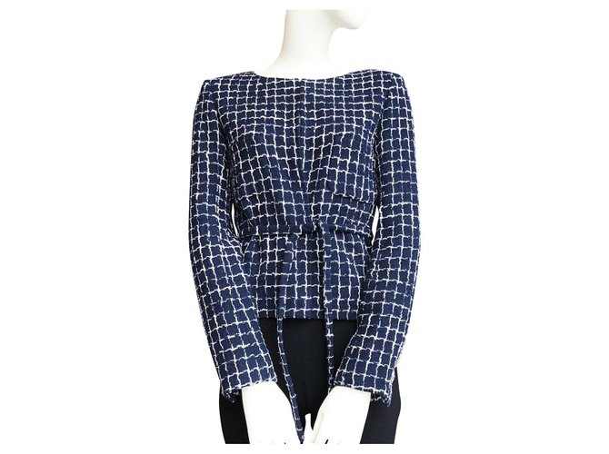 Chanel giacca in tweed con cintura Blu navy  ref.267891