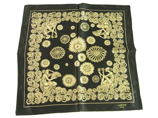 LANVIN 100% Silk Black Gold Floral Men's Pocket Square Scarf  ref.268104