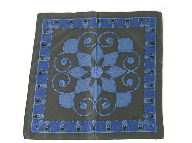 LANVIN 100% Lenço quadrado de bolso masculino floral azul de seda , soberba  ref.268106