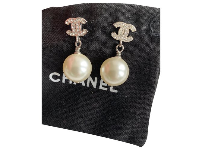 Chanel Earrings Coco Mark 13B Hanging Rhinestones Fake Pearl