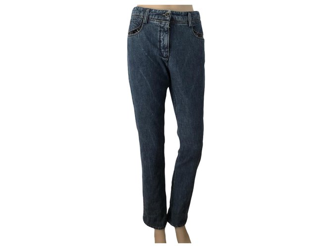 Chanel straight jeans with black vinyl Blue Cotton  ref.268418