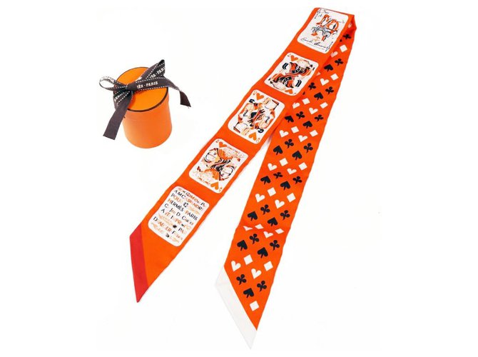 Hermès Hermes Twilly carta da gioco modello Jeu De Cartes Womens sciarpa arancione x bianco Seta  ref.268470