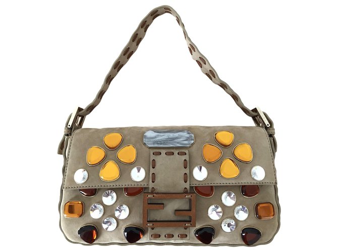 Fendi Baguette bag in beige suede and multicolored rhinestones Deerskin  ref.268475