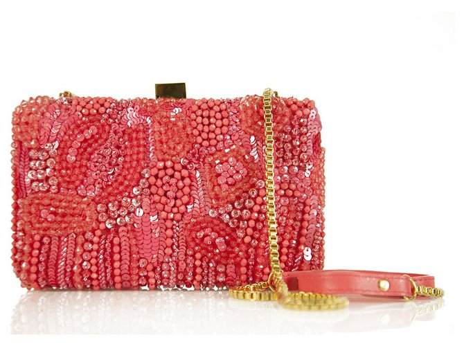 Elie Saab Coral Color Small Embroidered Clutch Evening Bag Handbag w Long strap Leather  ref.268671