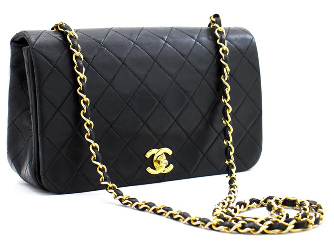 CHANEL Full Flap Chain Shoulder Bag Crossbody Black Quilted Lamb Leather  ref.268712