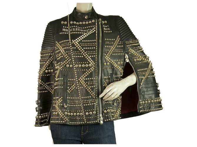 Philipp Plein Black Leather Cape / Jacket covered in golden studs & spikes sz M  ref.268999