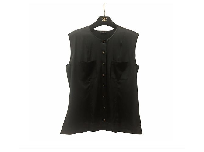 Linda seda stretch 90Top Chanel sem mangas Preto