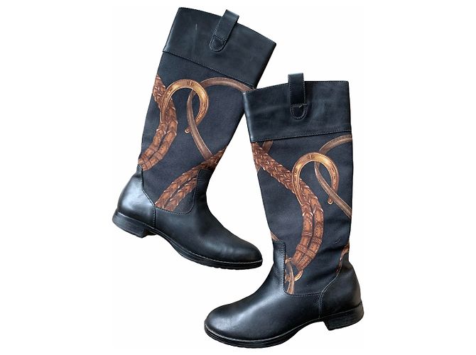 Botas Ralph Lauren de couro e tecido pretas Preto
