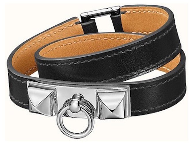 Hermès HERMES RIVALE lined wrap black leather bracelet Mint condition XS Metal  ref.269476