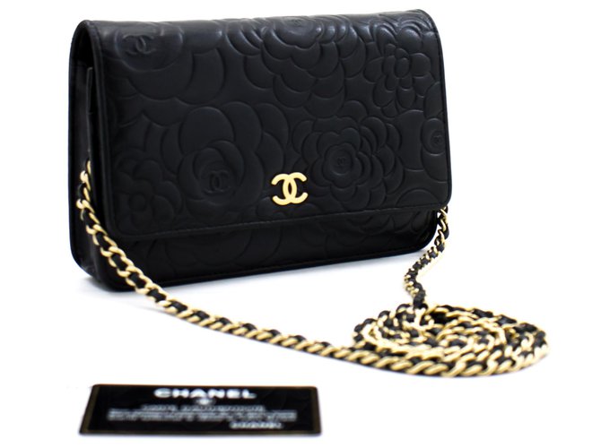CHANEL Black Camellia Embossed Wallet On Chain WOC Shoulder Bag Leather  ref.269498