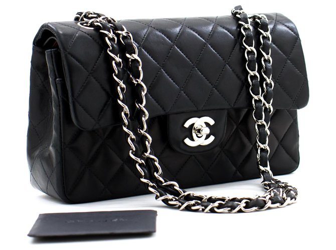 Chanel 2.55 lined flap 9 Silver Chain Shoulder Bag Black Lamb