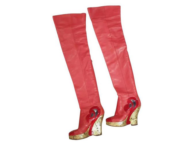 Chanel  Paris Moscow Red Leather Over Knee Wadge Boots Sz. 37,5  ref.269812