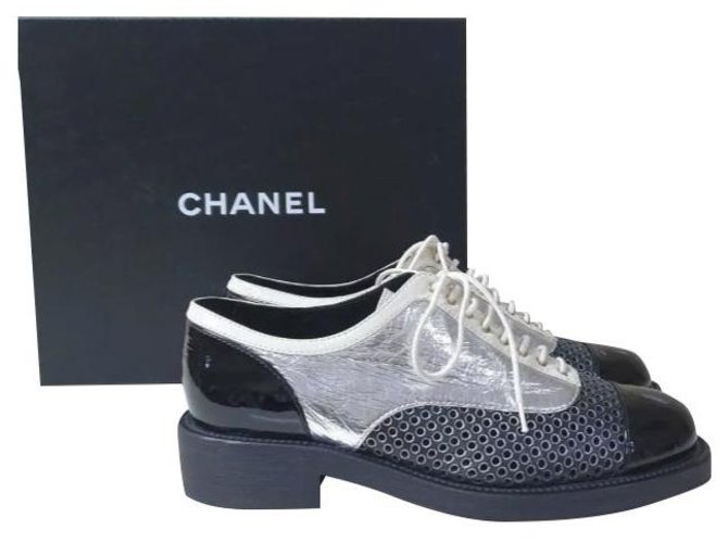 Chanel Mocassini In Pelle Verniciata Nero Argento Oro Scarpe Tg 40 Multicolore  ref.269822