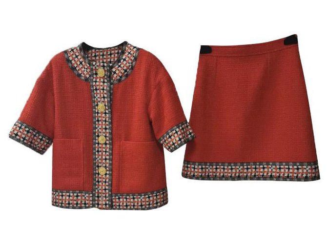 Gucci Red Tweed veste à garniture jupe costume Sz.36 Multicolore  ref.269824