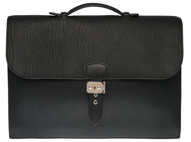 Sac à dépêches Esplêndida bolsa masculina Hermès Bolsa Dispatch em couro Fjord preto com detalhes em metal prateado  ref.270239