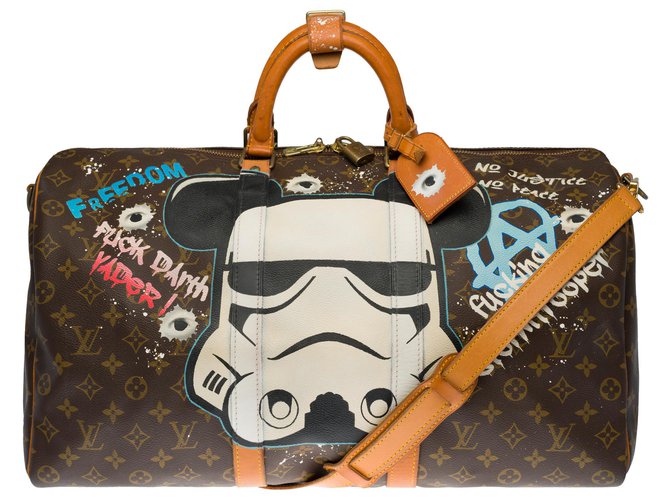 Exceptional Louis Vuitton Keepall travel bag 50 custom monogram canvas shoulder strap "Mickey Vs Stormstrooper" by artist PatBo Brown Leather Cloth  ref.270256