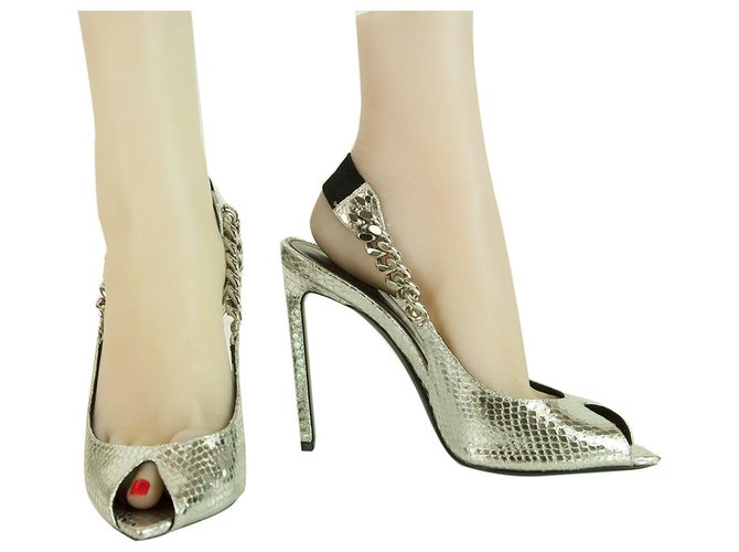 TOM FORD Metallic Silver Snakeskin Sling back Peep Toe Stiletto Pumps Heels  38 Silvery Exotic leather  - Joli Closet