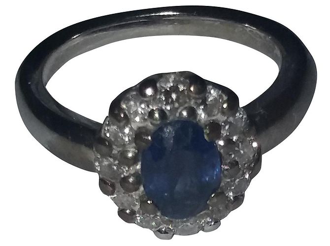 Autre Marque Anello in oro bianco con zaffiro e diamanti blu navy