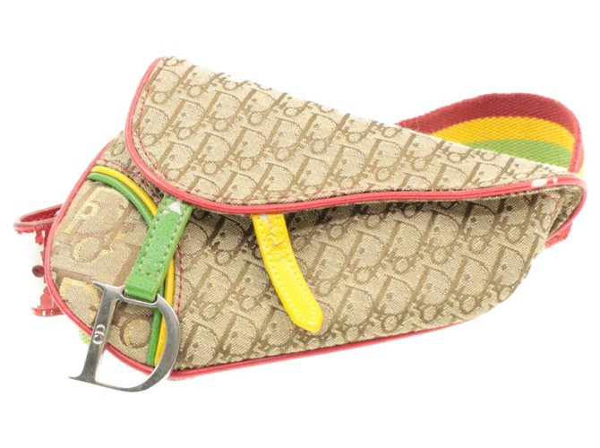 CHRISTIAN DIOR Trotter Canvas Saddle Waist Bag Pouch Rasta Color Auth 15834 Red Beige Green Yellow Cloth  ref.270940