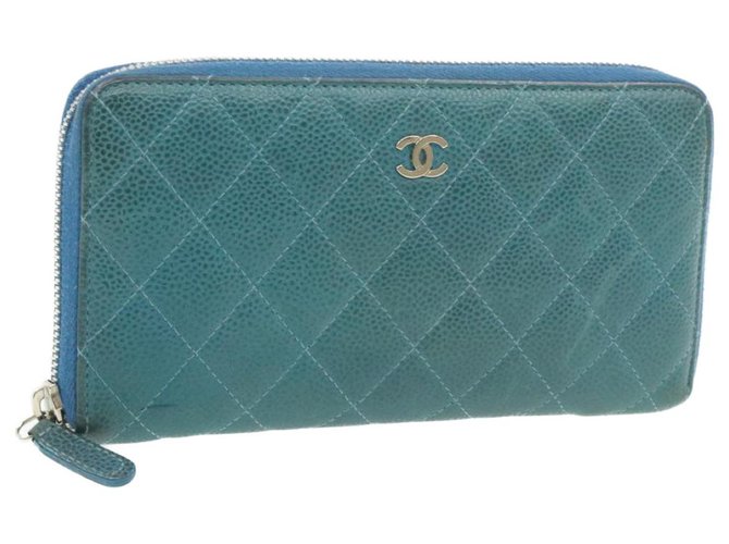 CHANEL Caviar Skin Matelasse Leather Long Wallet Blue CC Auth 16884  ref.270981