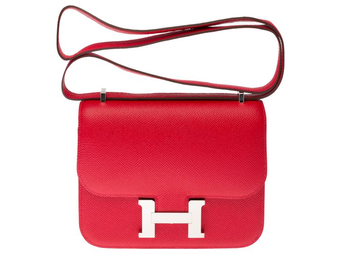 Esplêndida bolsa Hermès Mini Constance 18jaqueta de couro epsom vermelho cm, guarnição de metal prata paládio, Nova Condição  ref.271756